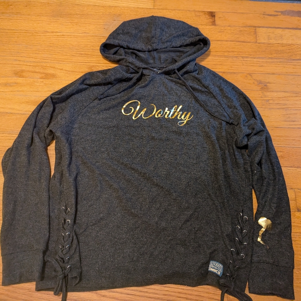 Marvel's Thor "Worthy" women's sweater featuring Mjolnir